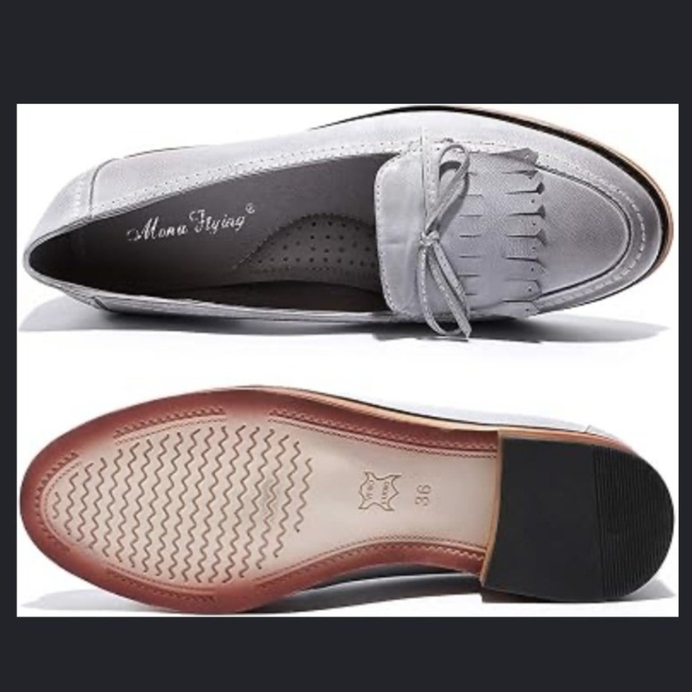Mona Flying Women Metallic Silver Grey Leather Kiltie Fringe Loafers NWOB - 10